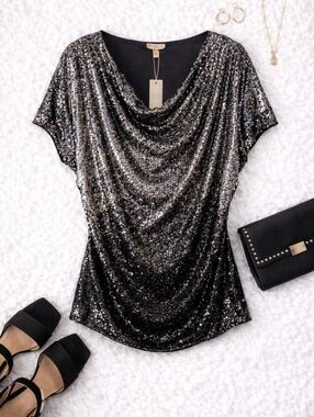 NWT Spense Glittering Silver And Black Ombre Sequin Blouse XL